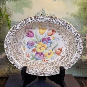 Vintage H&K Tunstall Old English Sampler Bowl Gold Chintz Needlepoint Floral 8"